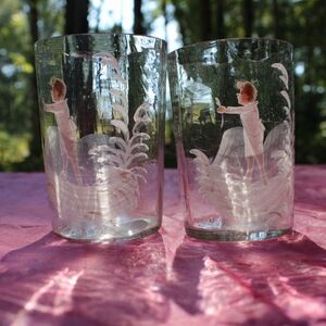 Vintage Glass Tumblers with White Design